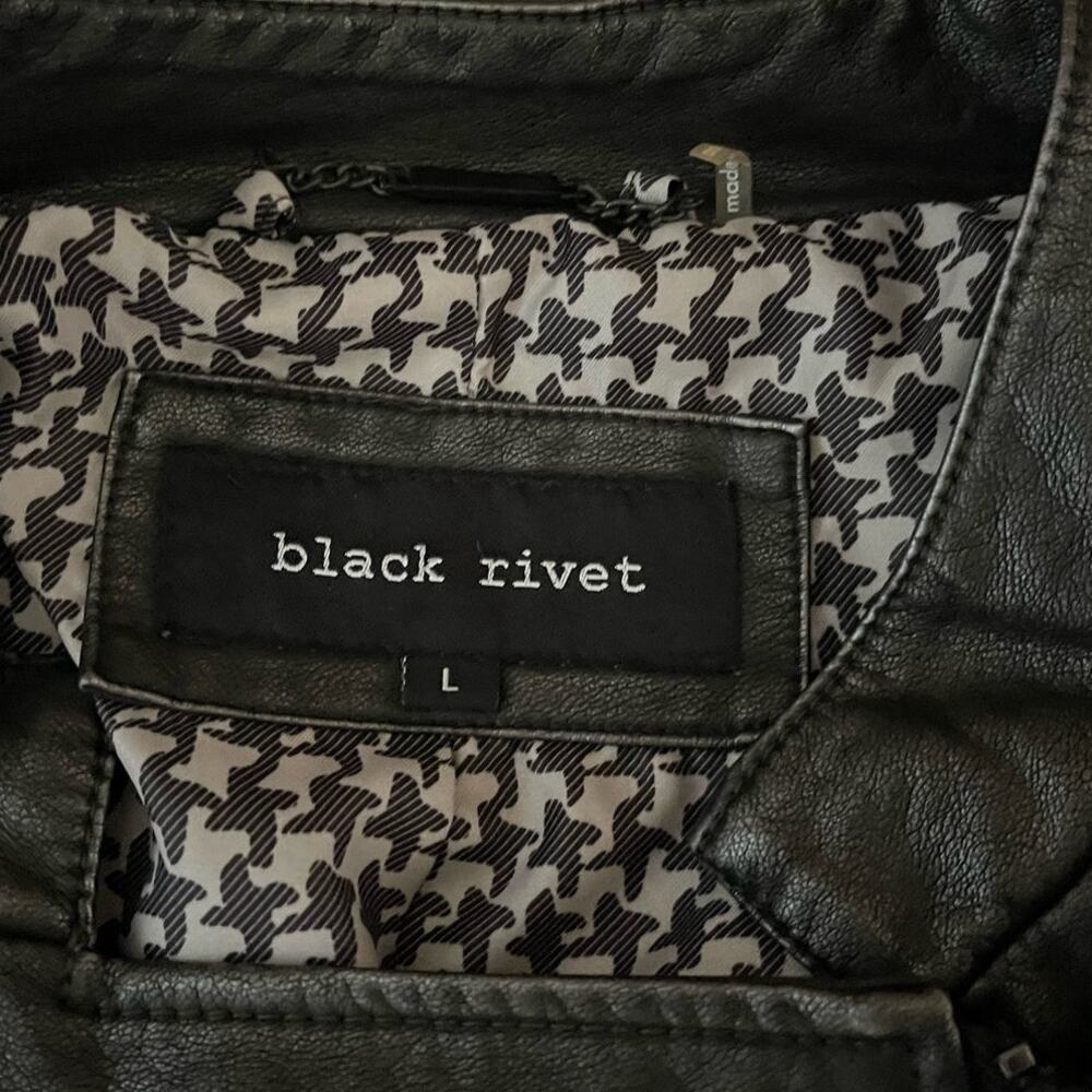 BLACK RIVET FAUX VEGAN LEATHER MOTO BIKER‎ JACKET BLACK ASYMMETRICAL FRONT ZIP L - Picture 2 of 12